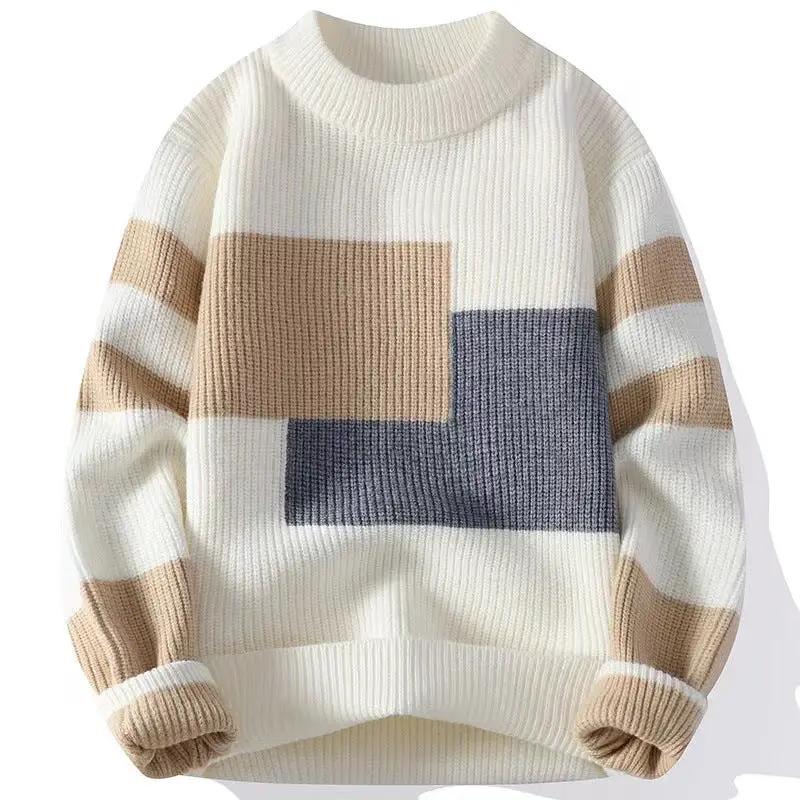eprolo Classic men's relaxed-fit color-block knit sweater, cream with beige and slate blocks, long sleeves