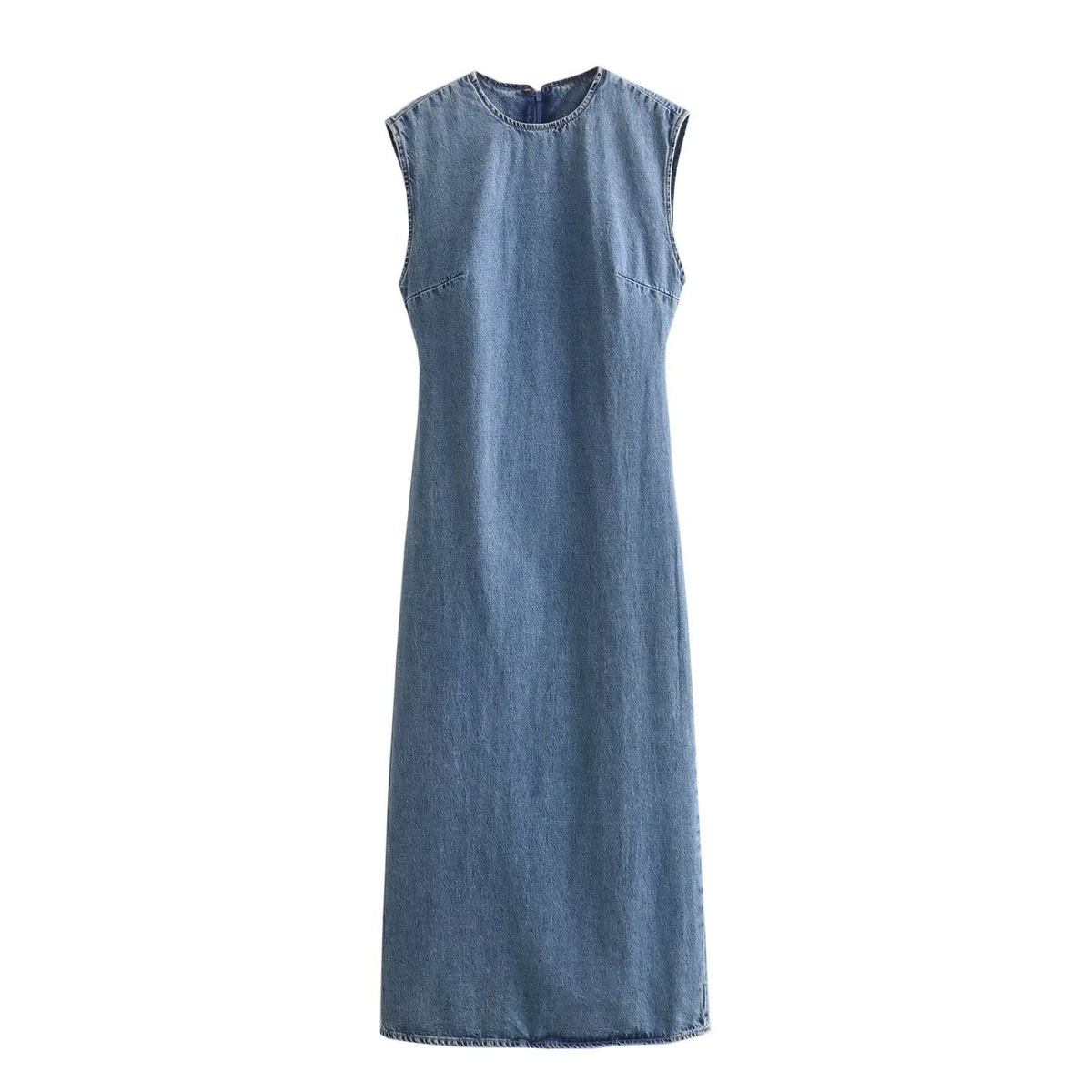Women's Denim Midi Dress by eprolo, sleeveless blue denim with round neckline.