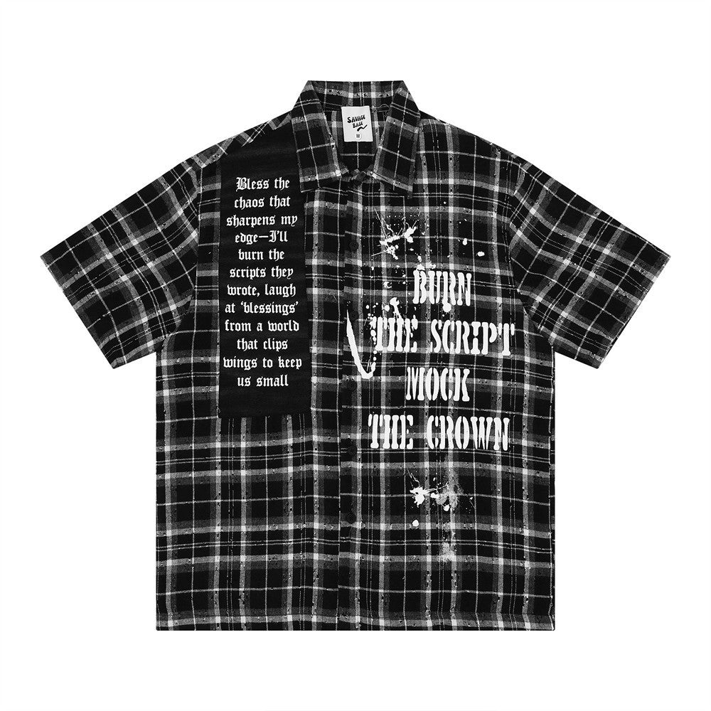 eprolo color-block plaid short-sleeve shirt with black panel and bold white graphic text