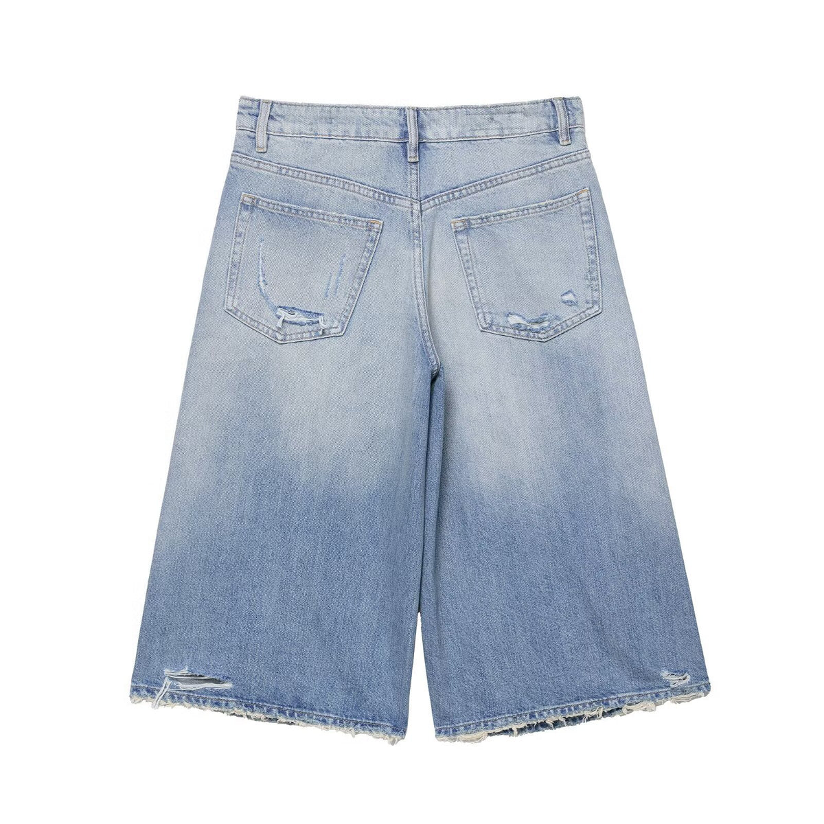 Loose denim casual shorts, light-wash denim with distressed back pockets and frayed hems