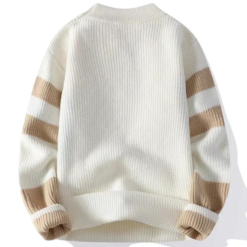 Classic Mens Relaxed Fit Color Block Long Sleeve Knit Sweater by eprolo, white with beige striped sleeves