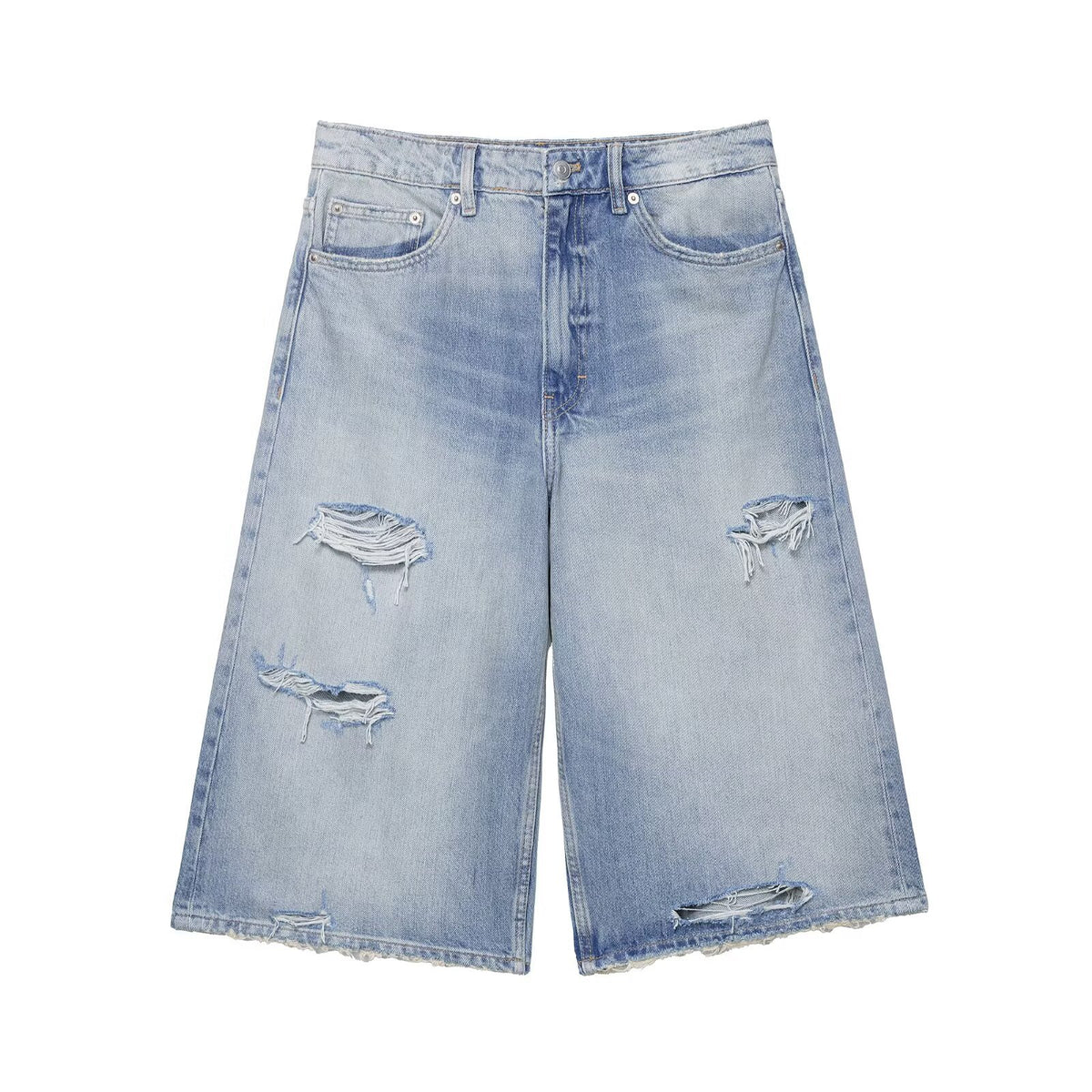 Loose denim shorts, light blue distressed denim, streetwear style by eprolo