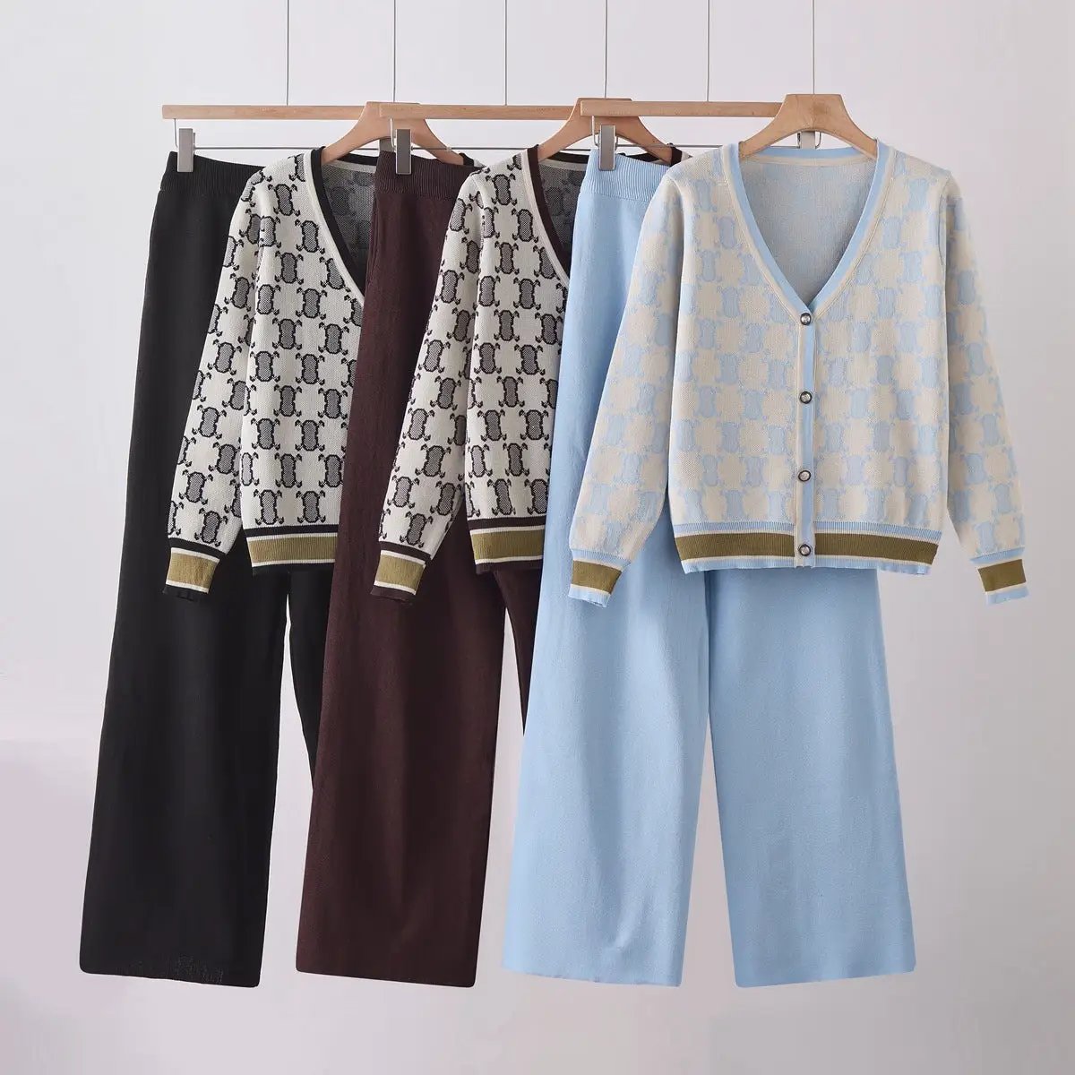 Chic Women Two Piece Knit Set with cardigan and wide-leg pants, five colorways on display