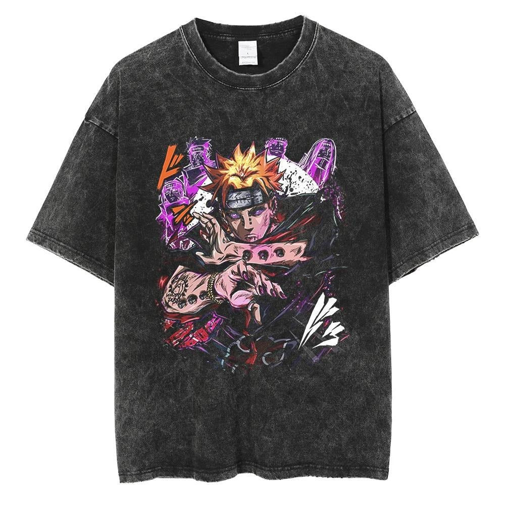 T-shirt motif anime Naruto Harajuku délavé