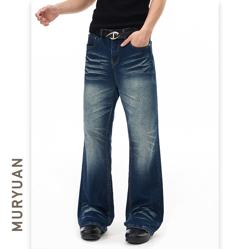 Street Style Slim Fit Stretch Flared Jeans by eprolo in faded indigo denim with whiskering.