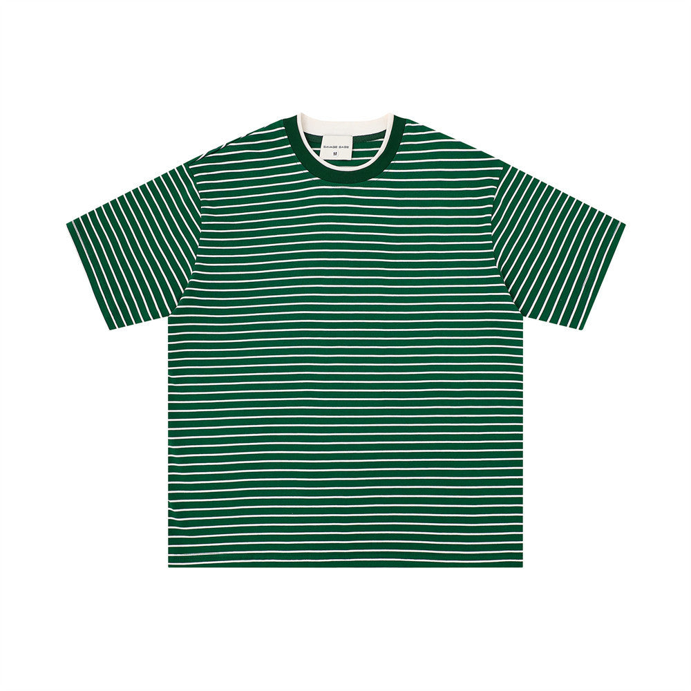 eprolo loose striped short-sleeve t-shirt, green with white horizontal stripes, street fashion