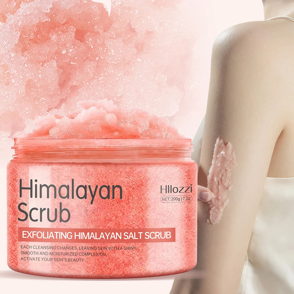 Himalayan Salt Scrub jar, pink exfoliating body scrub with visible salt crystals