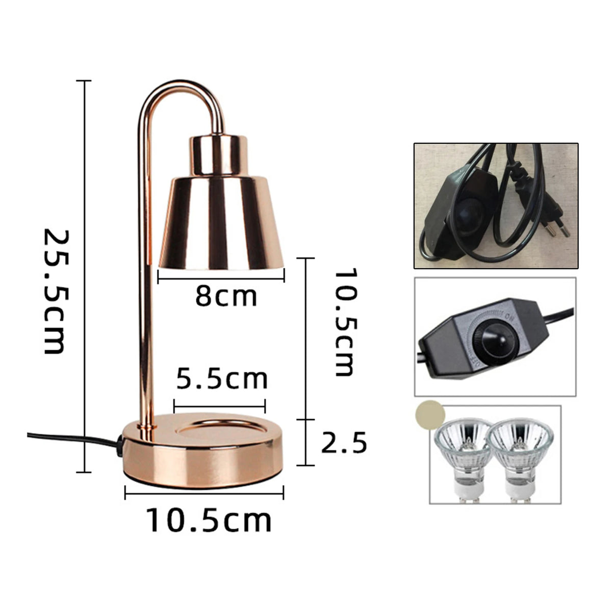 Rose-gold candle warmer lamp with arched metal stem and round base for bedside or table decor, 25.5 cm tall.