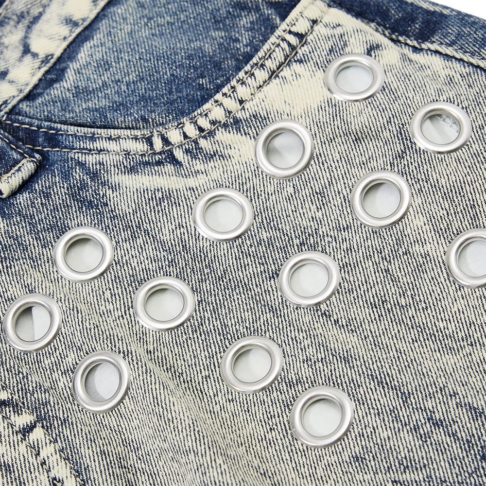 eprolo jeans with silver metal grommet studs on light denim
