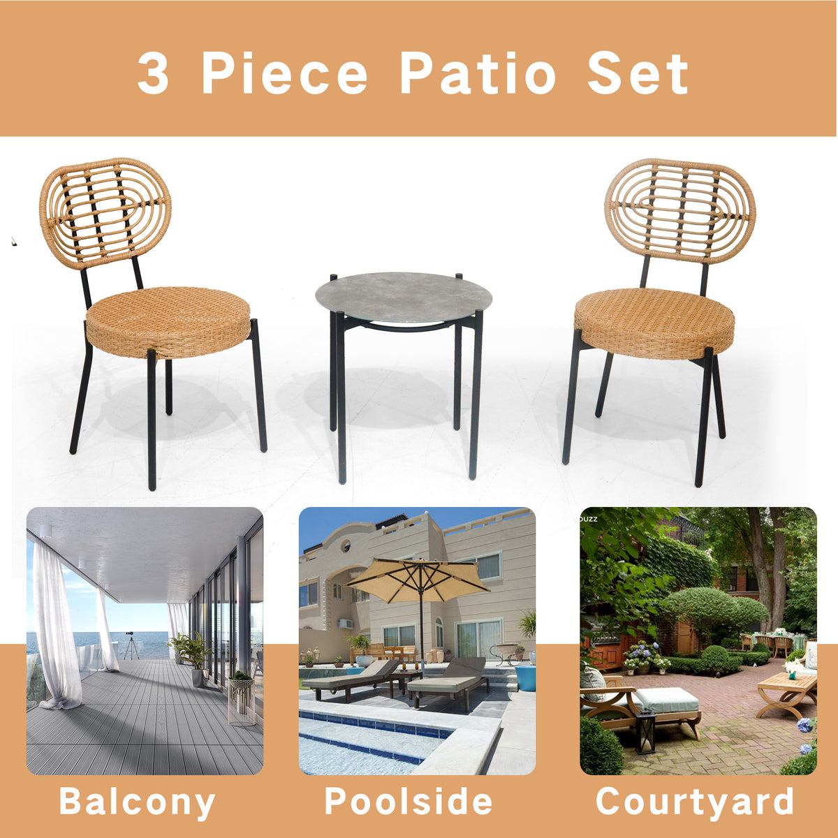3-piece outdoor wicker furniture set with tan chairs and black legs around a round gray-top bistro table