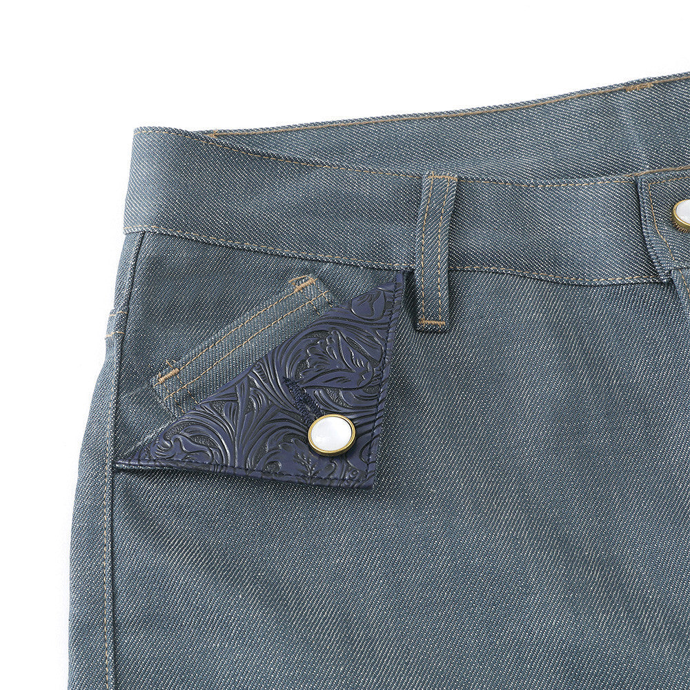 Make old wide leg jeans by eprolo, blue denim with embossed navy pocket flap and brass button