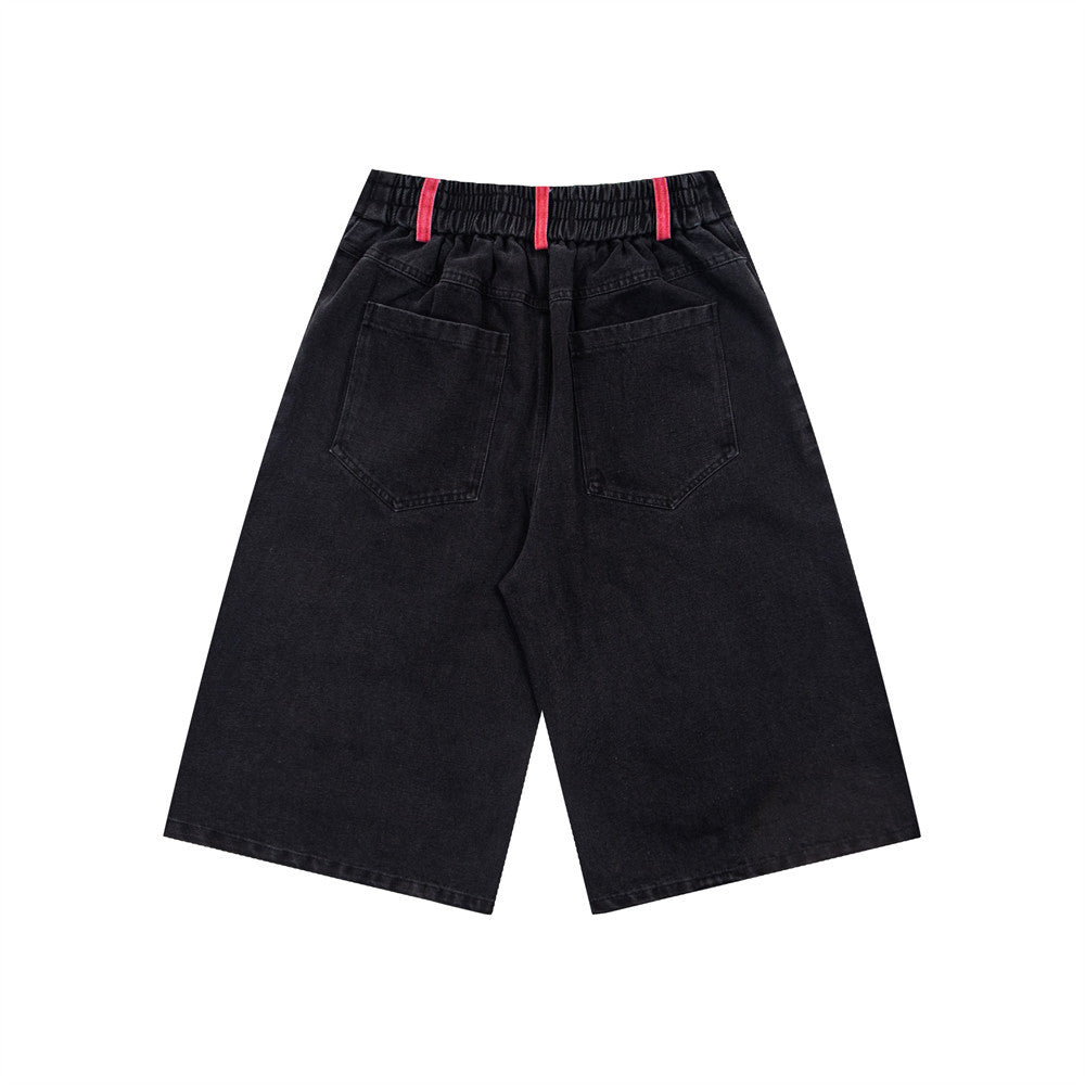 Cartoon embroidery denim shorts by eprolo, black denim with elastic waist and pink loops