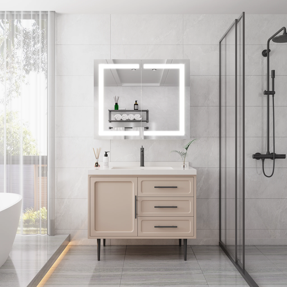 36 x 30 inch Medicine Cabinet with LED Vanity Mirror Anti-Fog Recessed or Surface Mount Waterproof DimmableAluminum 3000K~6000K Lighted Double Door Bathroom Cabinet with Touch Switch by eprolo
