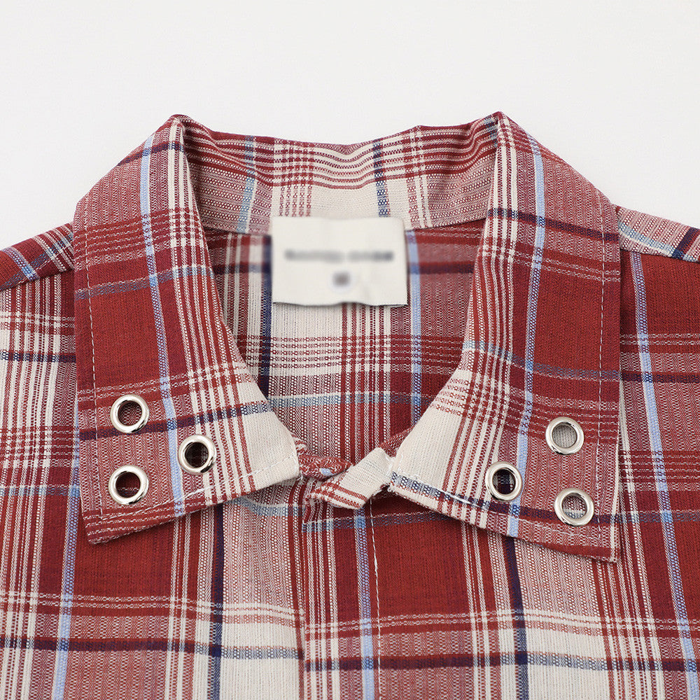 Plaid short-sleeve shirt by eprolo, red and cream with blue accents, collar featuring metal grommet eyelets