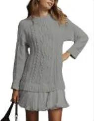 Women cable-knit gray sweater with relaxed fit and layered hem by eprolo