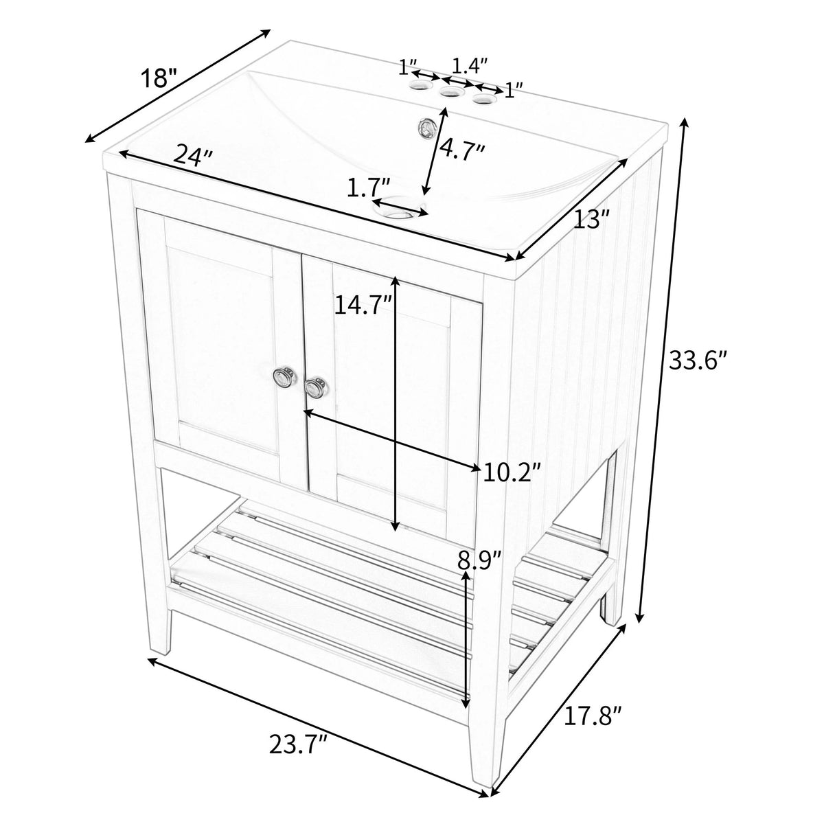 24" White Modern Sleek Bathroom Vanity Elegant Ceramic Sink with Solid Wood Frame Open Style Shelf by eprolo