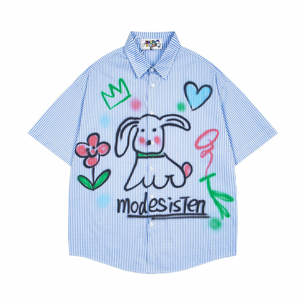 Dog graffiti striped short-sleeve shirt in blue and white, street fashion style by eprolo