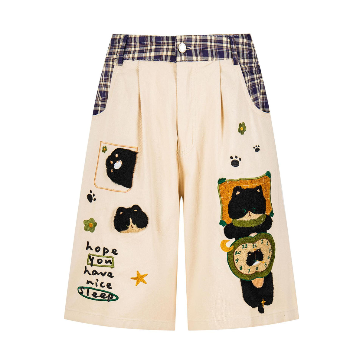 Cat-embroidered plaid waistband wide-leg shorts by eprolo; beige with paw-print patches