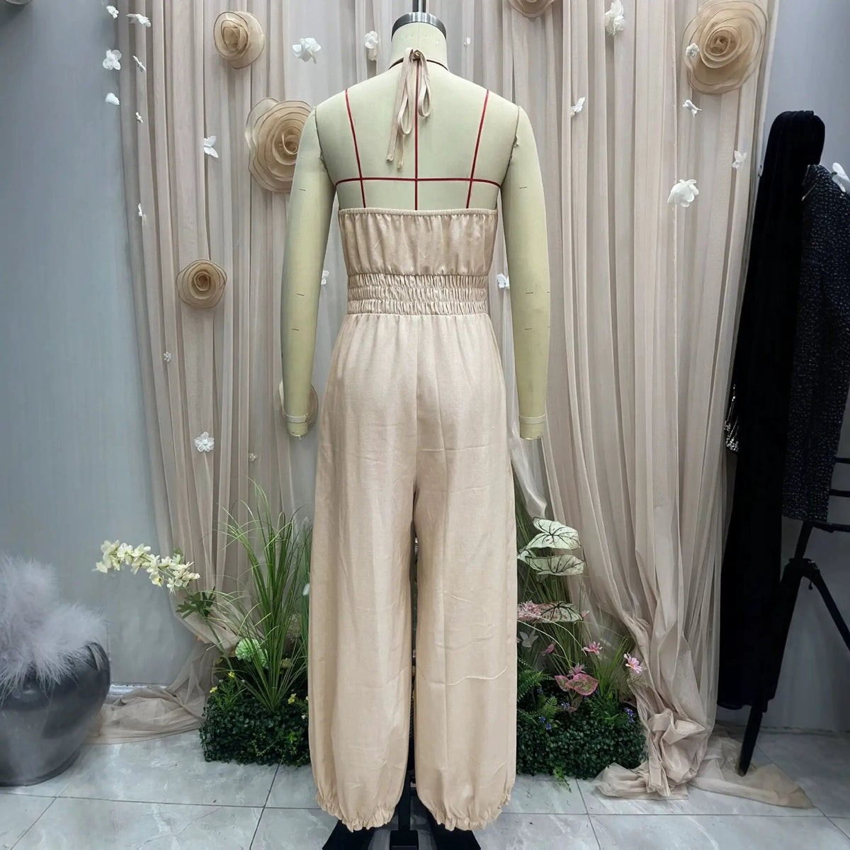 Bohemian halter lace jumpsuit, beige with elastic waist and red back grid lines
