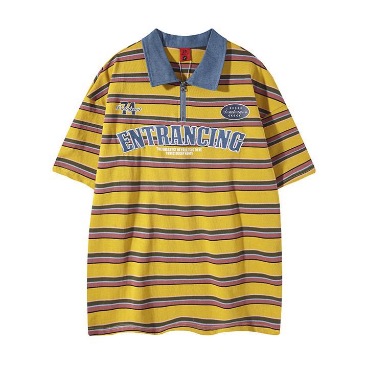 Cowboy patchwork polo shirt by Eprolo, denim blue collar, yellow striped pattern, short sleeves