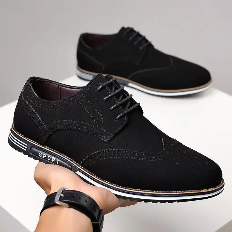Pair of Harrington carved leather shoes with distinct white sole, black uppers, lace-up style.