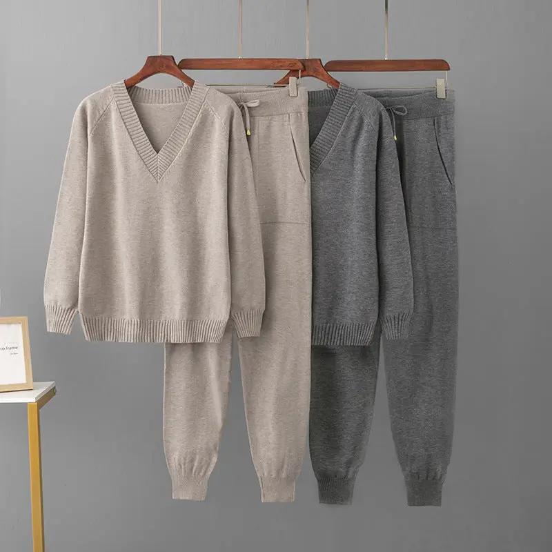 eprolo classic V-neck knit sweater and pants set in beige and gray, soft breathable knitwear with two outfits