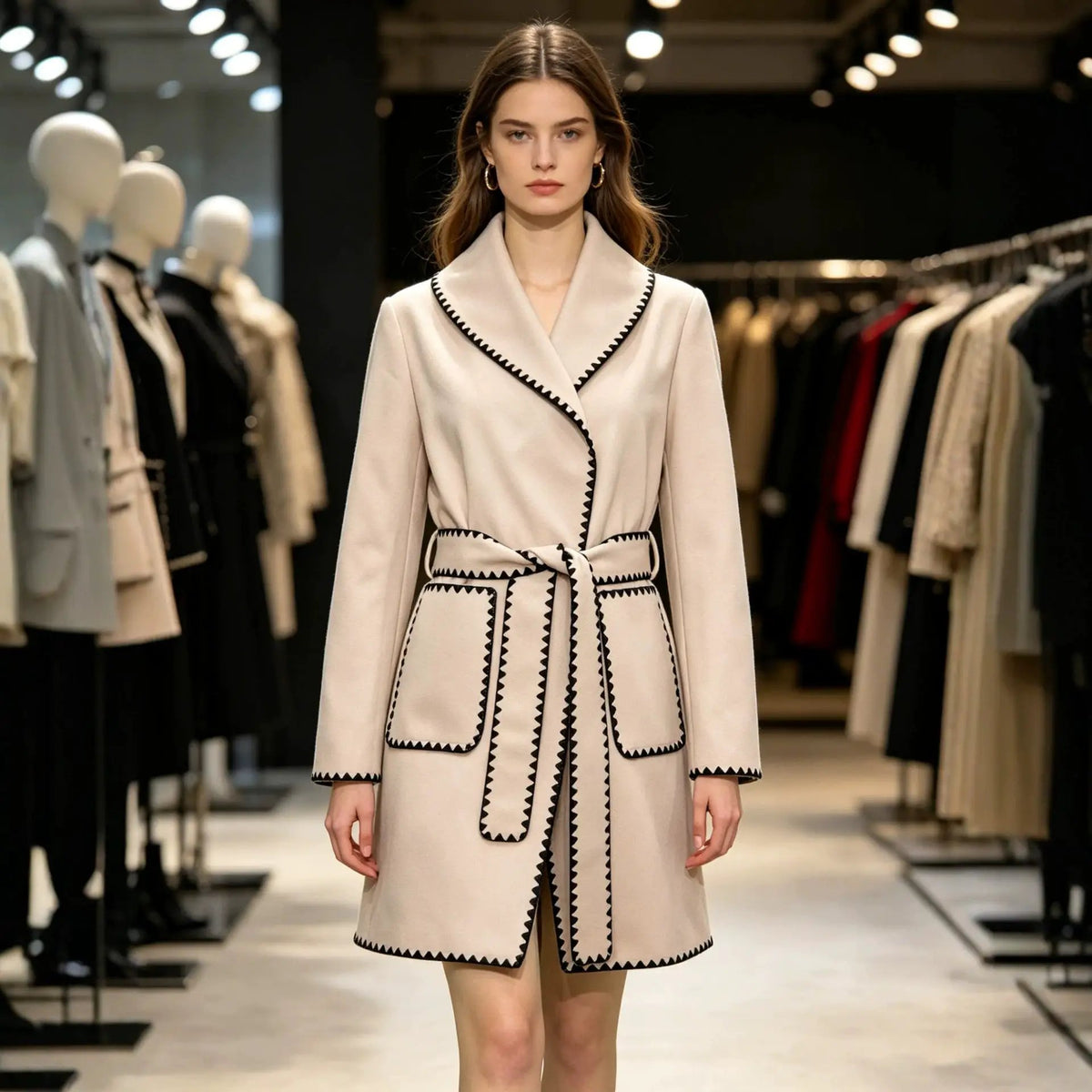 French inspired wool coat with notched lapel in beige, black zigzag trim and belt.