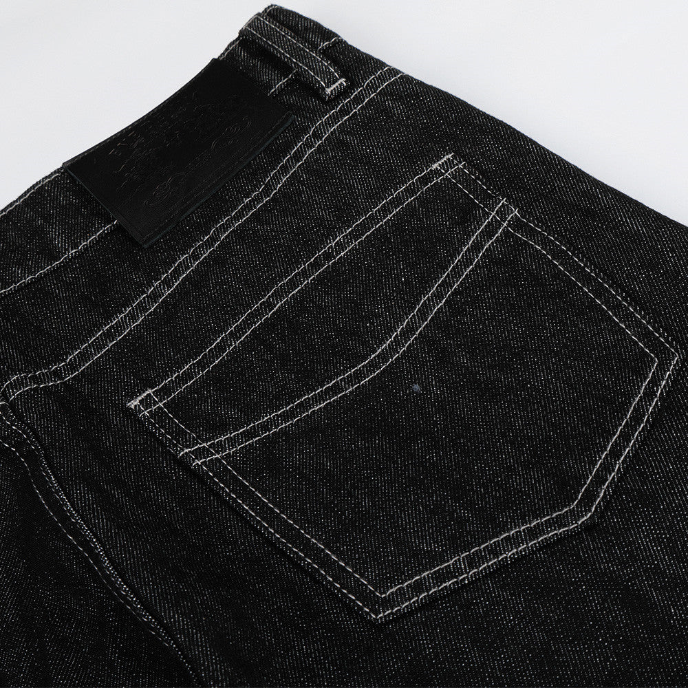 Casual denim micro flared jeans by eprolo, black wash with white contrast stitching on back pocket and leather patch