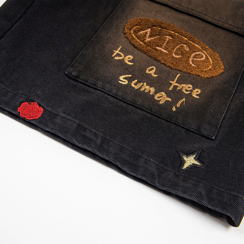 Cartoon embroidery workwear denim shorts by eprolo; dark denim with ALICE patch, red rose and gold star embroidery.