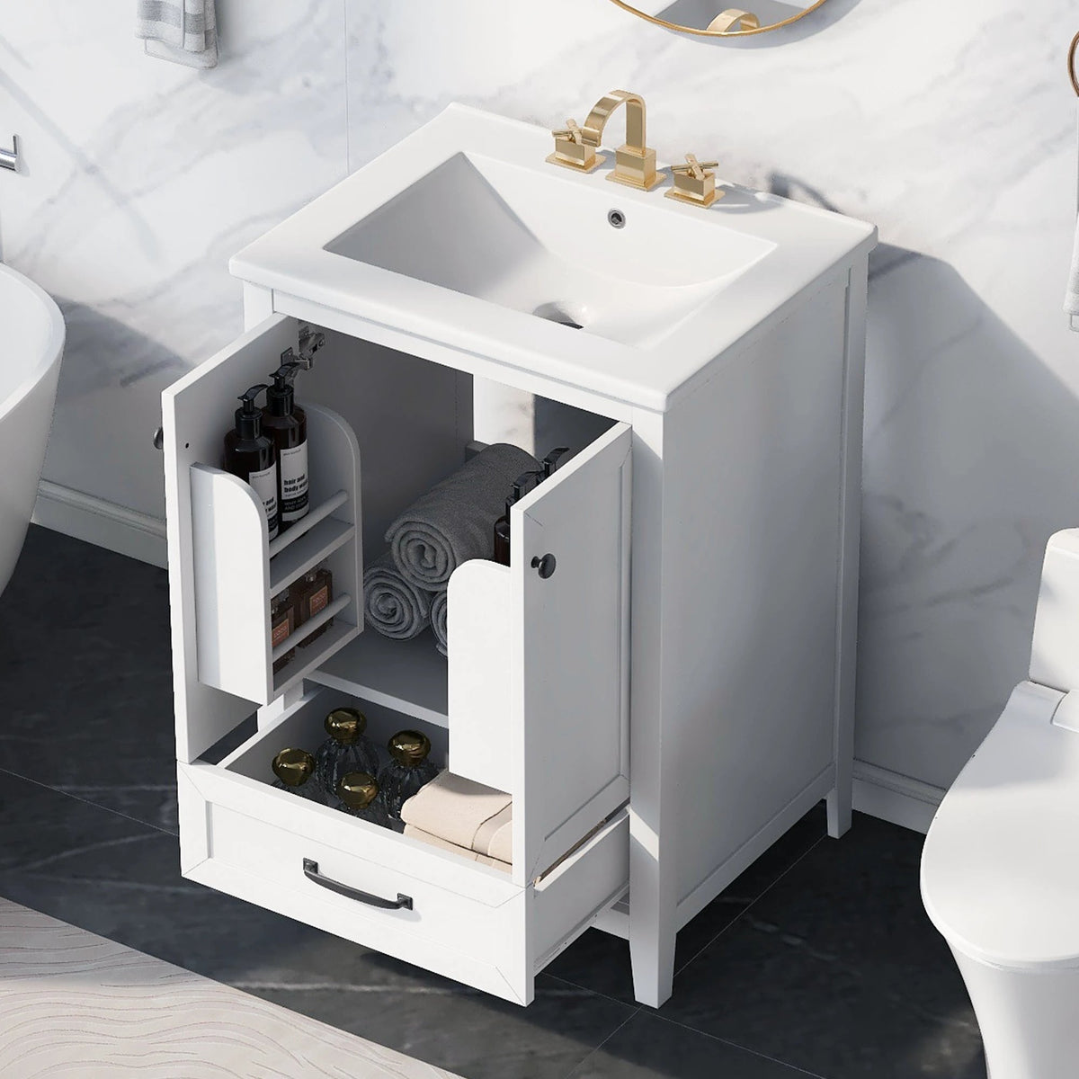 24" Bathroom Vanity with Sink, Bathroom Vanity Cabinet with One Drawer and Doors, Solid Wood and MDF, White by eprolo