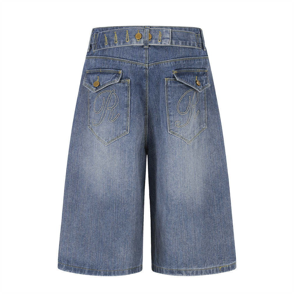 Make vintage denim cropped pants by eprolo, blue denim with faded wash and embroidered back pockets.