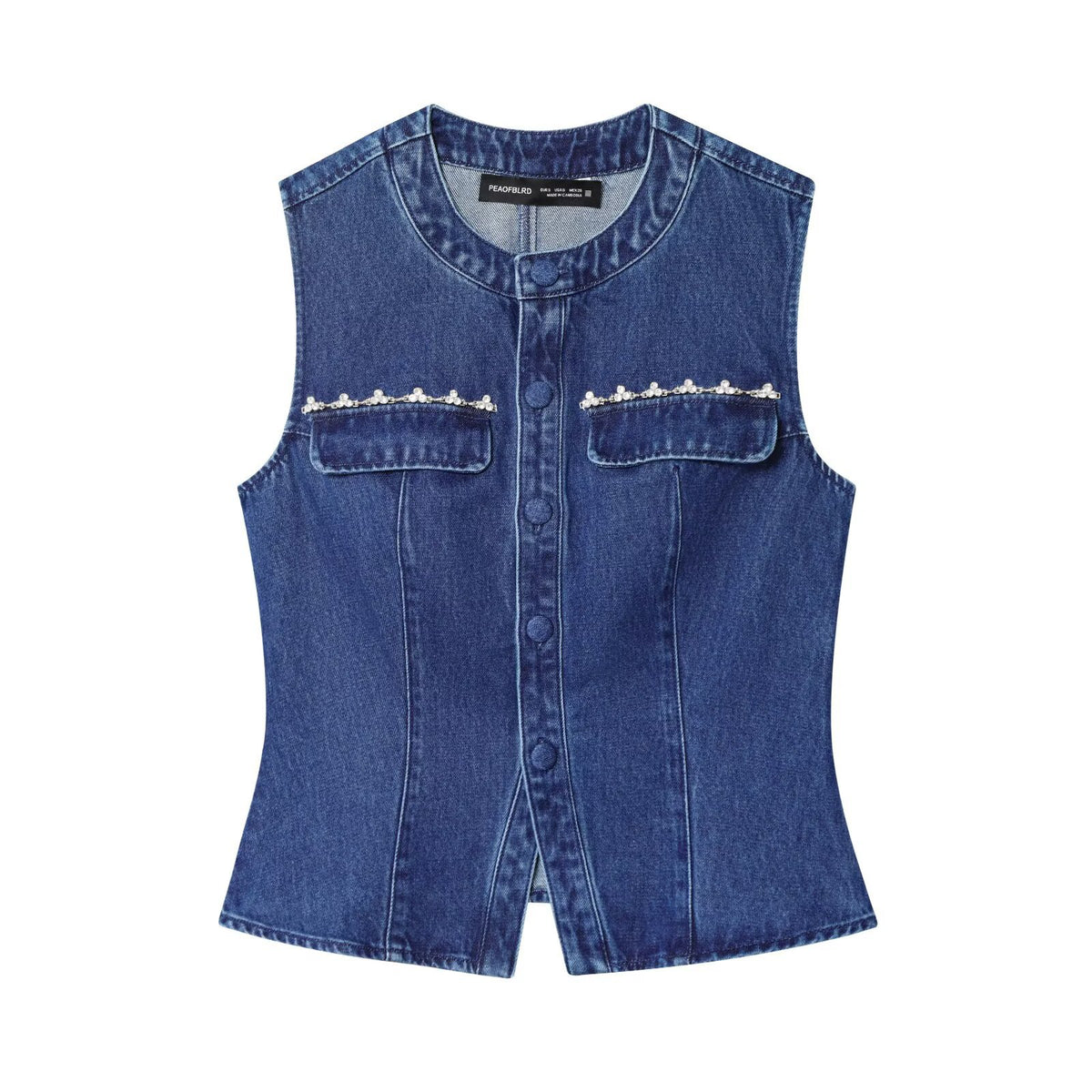 Nail drill denim vest by eprolo, sleeveless blue jean top with pearl bead trim on chest pockets