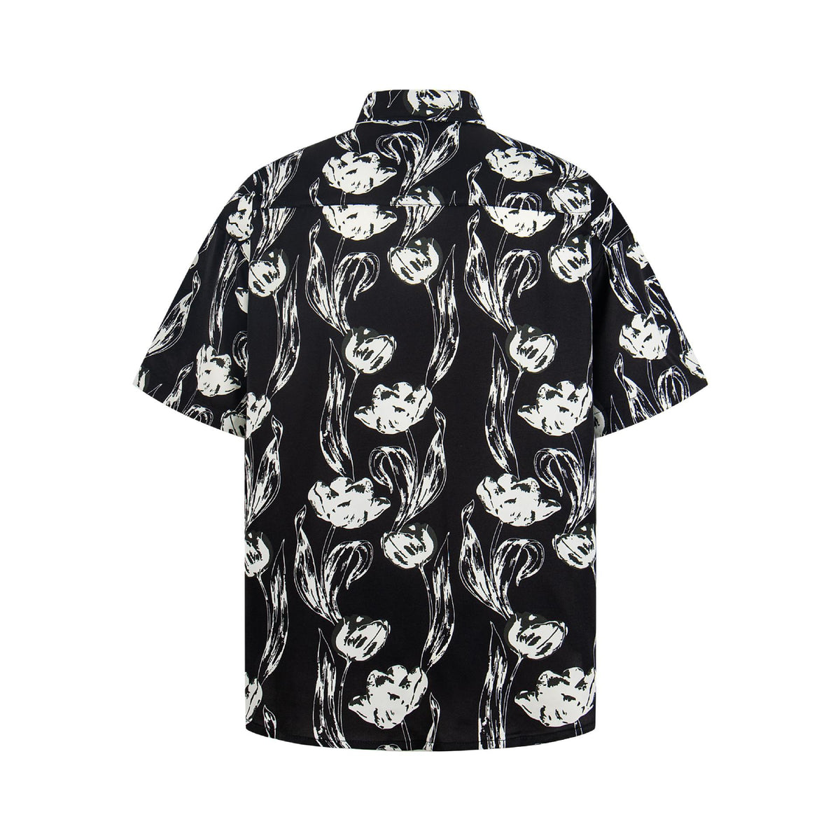 Floral printed short-sleeve shirt in black with white tulips, back view, by eprolo
