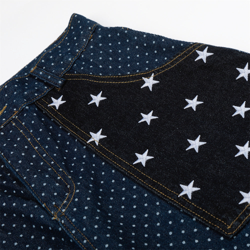 Star pocket denim cropped pants in blue with white stars and polka-dot panels