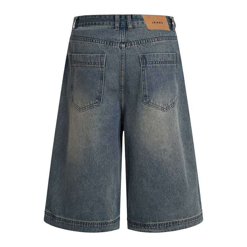 eprolo denim cropped jeans back view with faded blue wash, 2 back pockets and brown leather patch