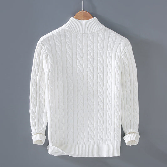 Men's eprolo thickened cable-knit mock-neck pullover sweater, white with ribbed cuffs