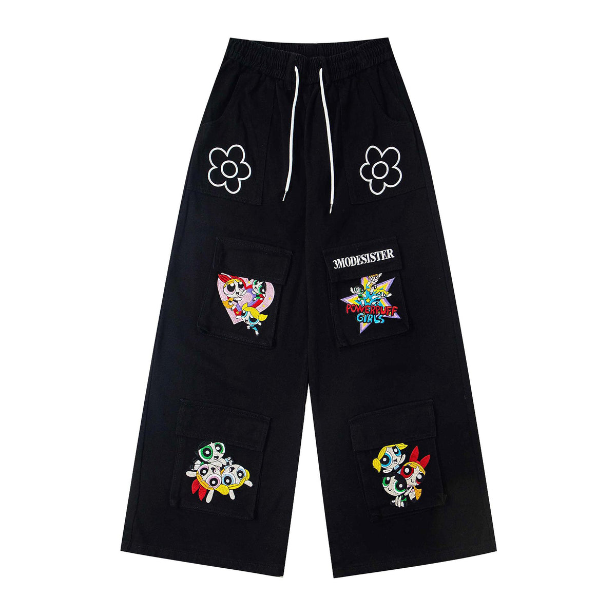 Cartoon embroidery workwear pants by eprolo, black cargo shorts with colorful cartoon patches