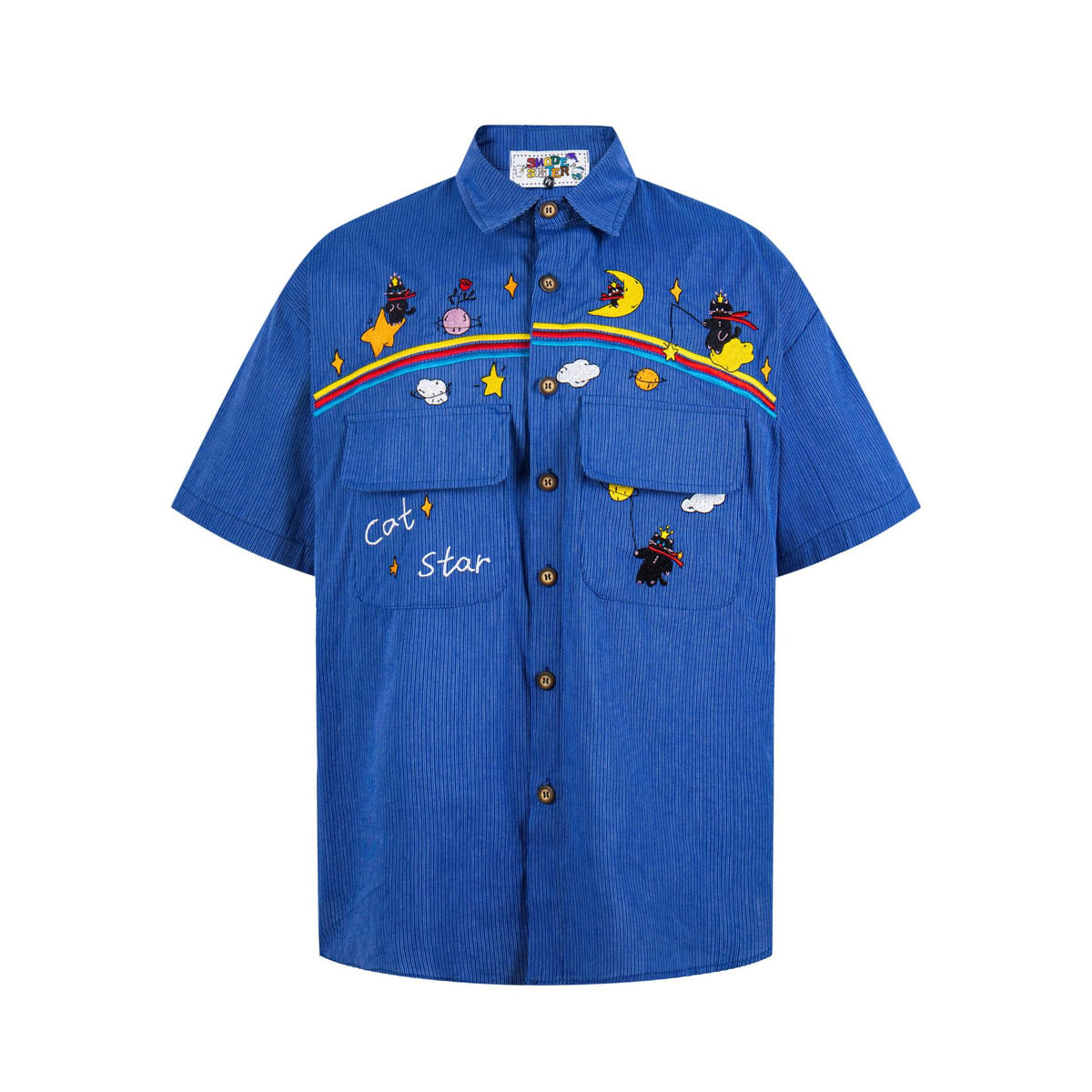 Blue short-sleeve shirt with embroidered rainbow cat design