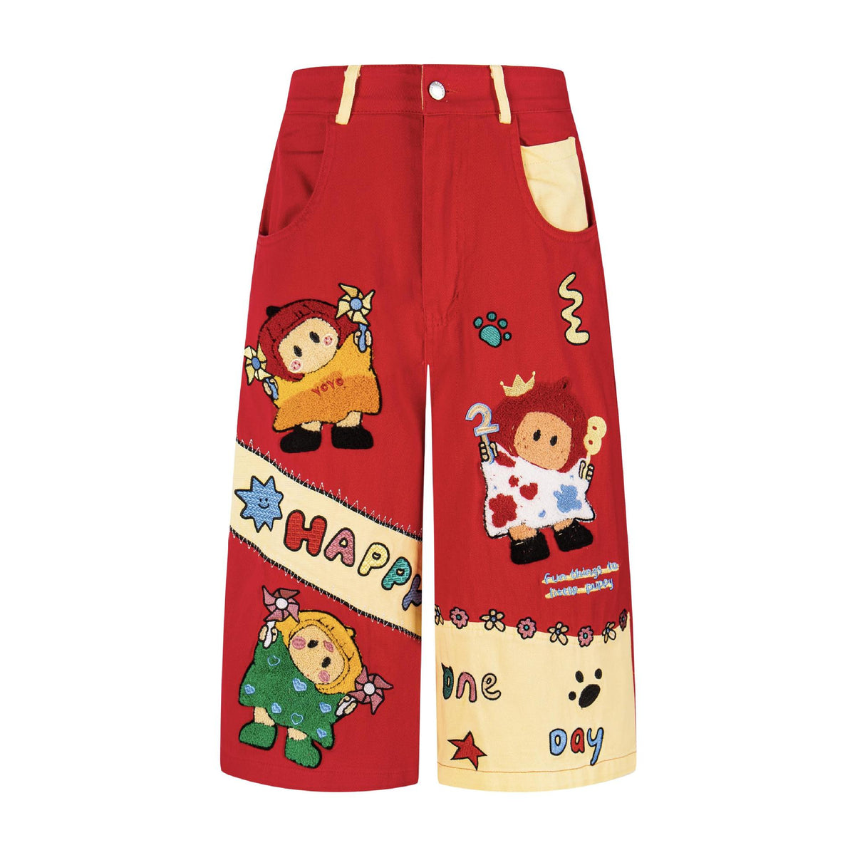 Cartoon plush seven-quarter jeans, red denim with embroidered characters and beige patches