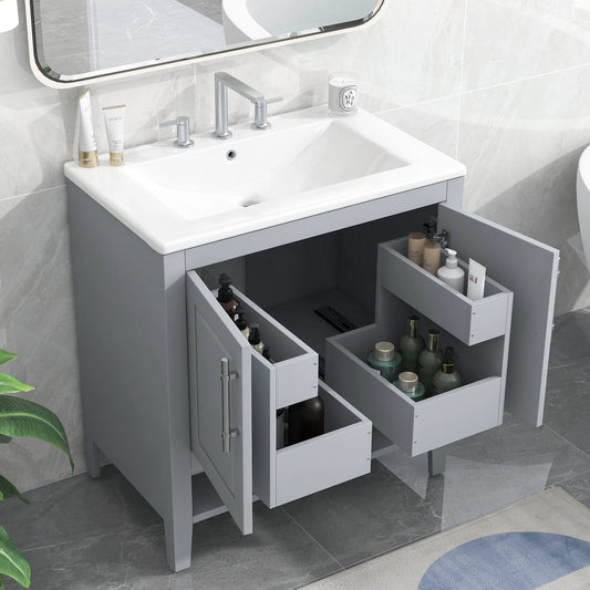 30" Bathroom Vanity with Sink, Multi-functional Bathroom Cabinet with Doors and Drawers, Solid Frame and MDF Board, Grey by eprolo