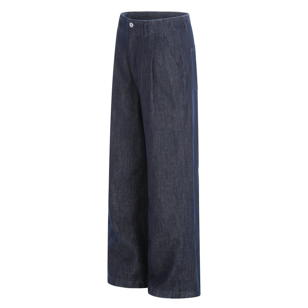 Eprolo wide-leg denim pants in dark blue with light side stripe, street fashion style.