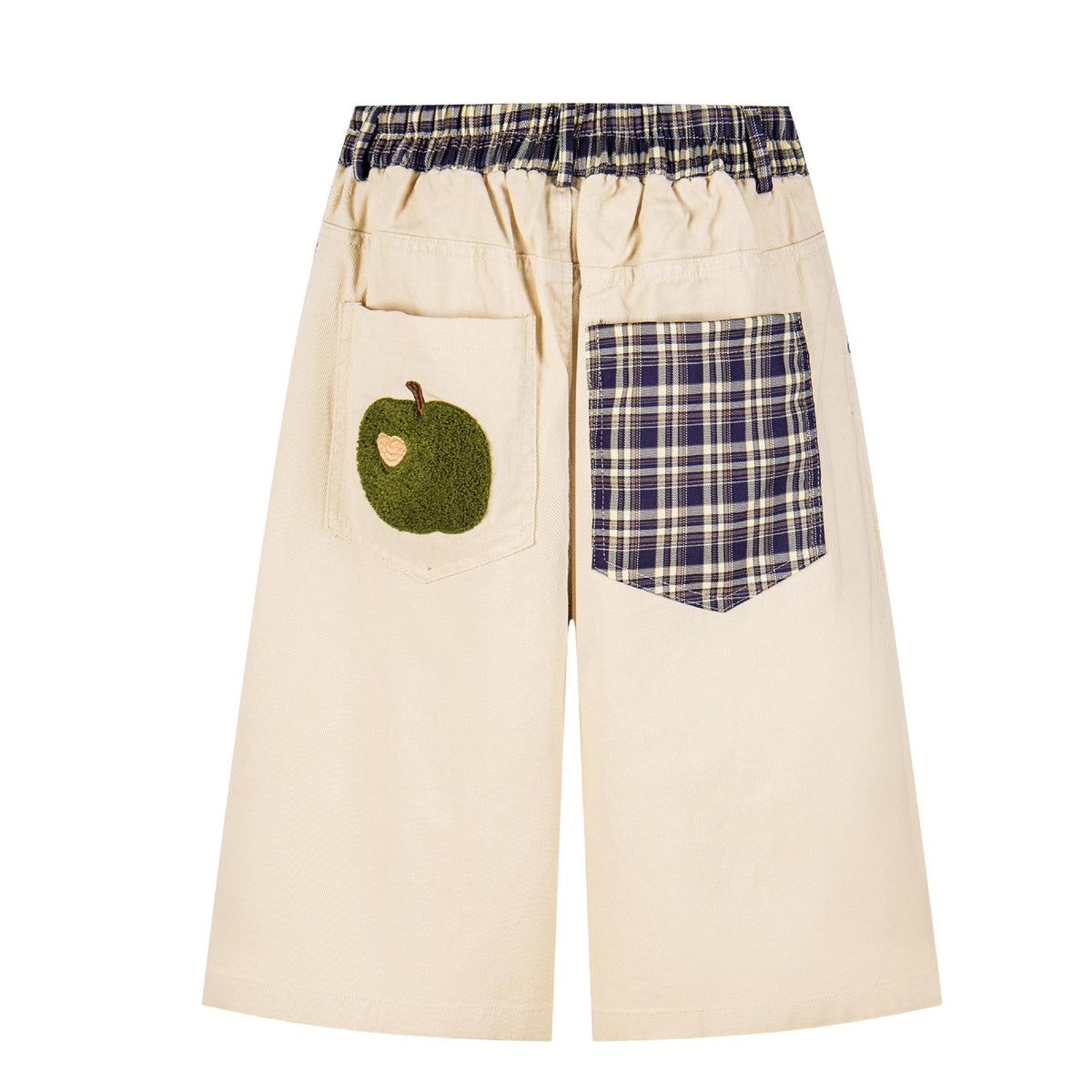 Cat Embroidered plaid shorts with beige base, blue plaid patch pockets, and elastic waistband.