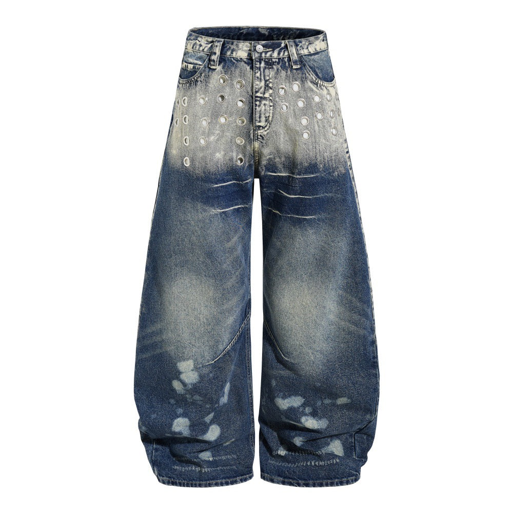Color blocked white denim curved knife pants with metal grommets, wide-leg distressed jeans