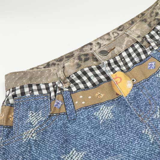 Star 3D digital printed washed denim shorts with patchwork leopard-print belt and star patches
