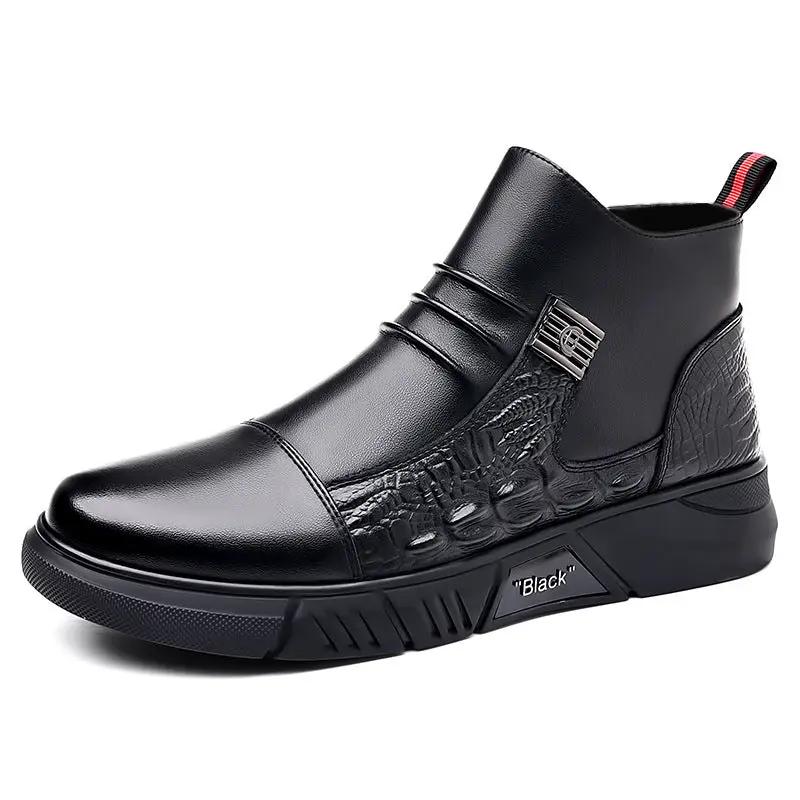 Westford Premium Leather Martin Boots with Fleece Lining by eprolo, black leather ankle boots with textured side panels