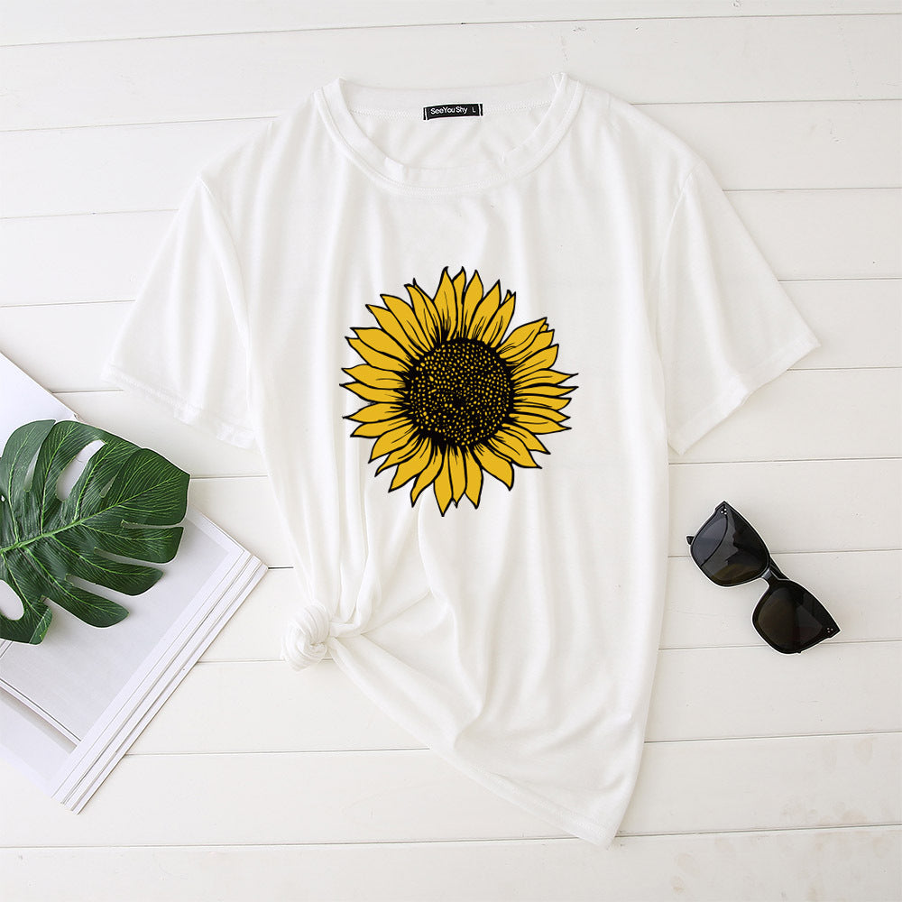 T-shirt Tournesol Femme Manches Courtes Col Rond Nouveau