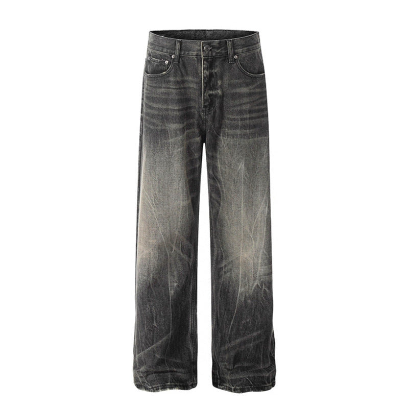 Washed denim jeans, dark wash, straight-leg fit with casual faded look.