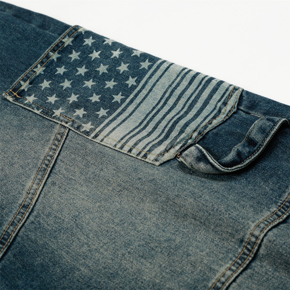 Washed denim workwear pants by eprolo with American flag patch