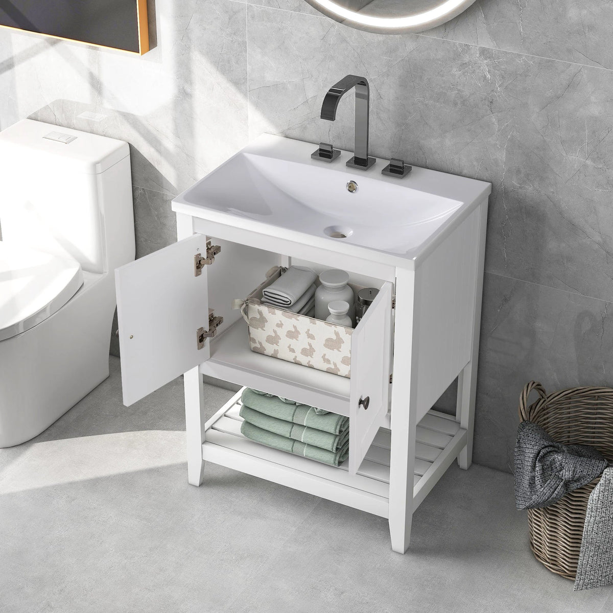 24" White Modern Sleek Bathroom Vanity Elegant Ceramic Sink with Solid Wood Frame Open Style Shelf by eprolo