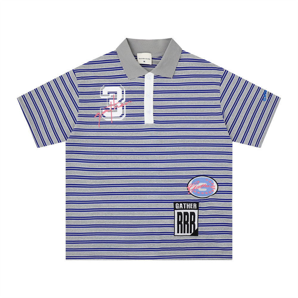 Striped short-sleeve polo shirt by eprolo with gray collar and blue/white stripes
